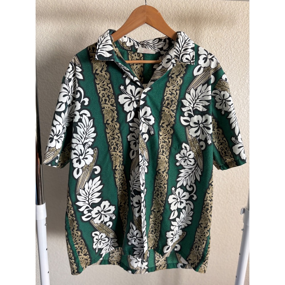 Island Aloha Wear Mens XL Hawaiian Shirt Green Hibiscus Tapa Made in Hawaii USA